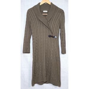 Cable Knit Shawl Collar Sweater Dress in Olive